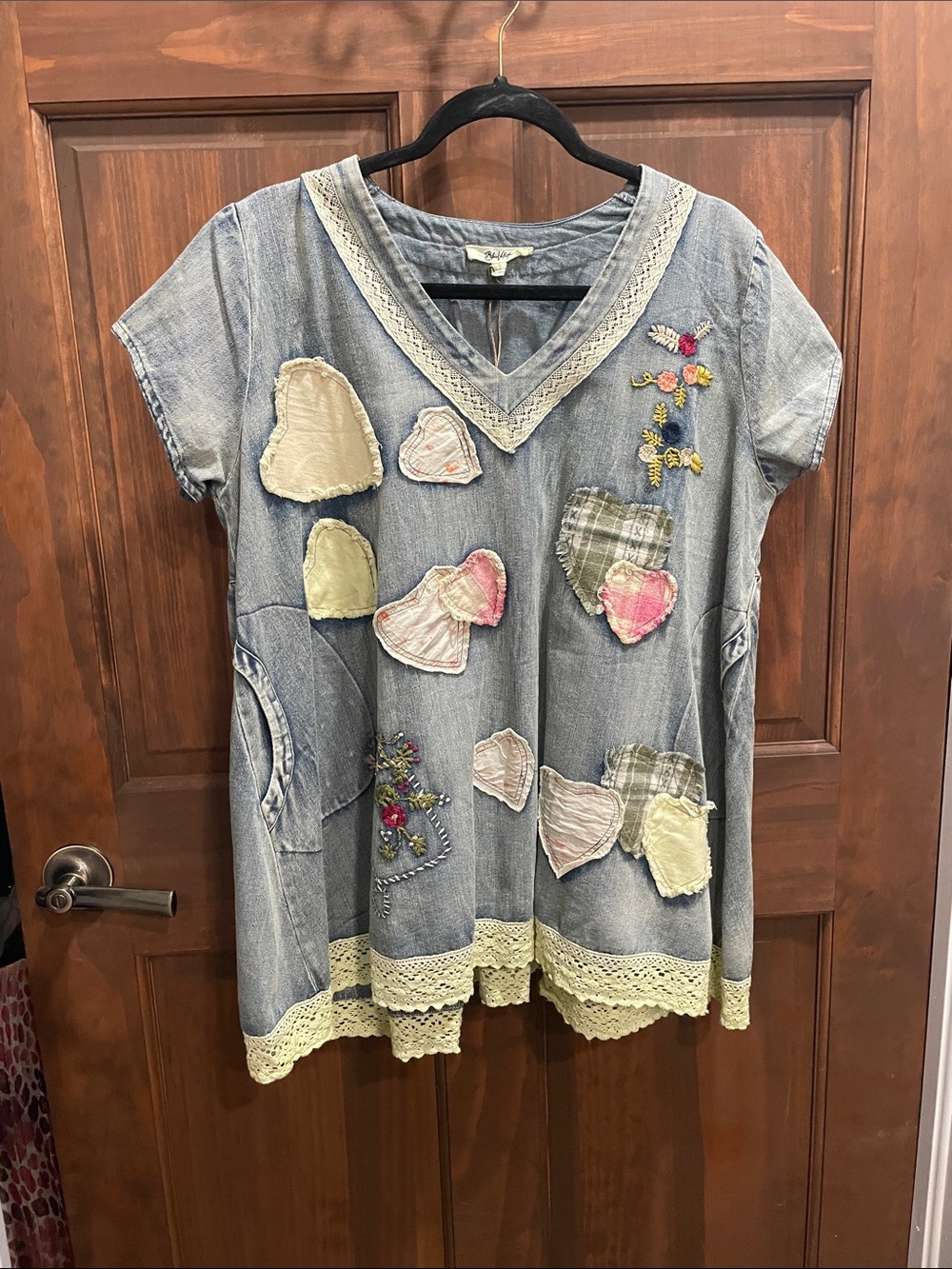 Boho Patchwork Short Sleeve V-Neck Tee - Light Denim Blue